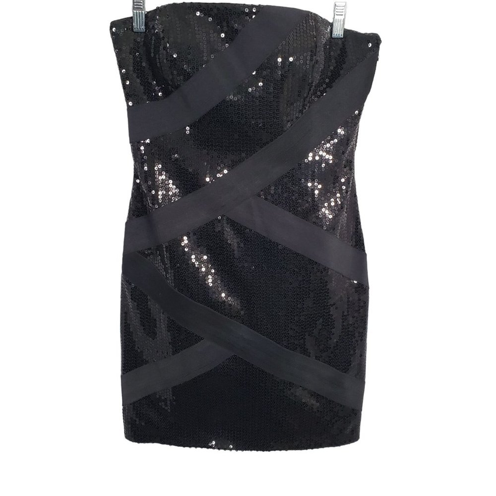 JS Collections Size 8 Dress Strapless Mini All Over Sequins Bandage Ribbon Black - Picture 2 of 15